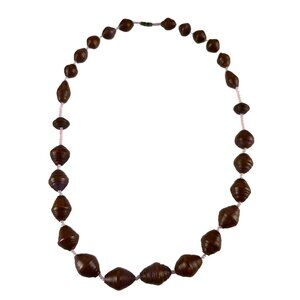 Handcrafted Brown Paper Bead 24" Necklace With Pink Accent Beads
